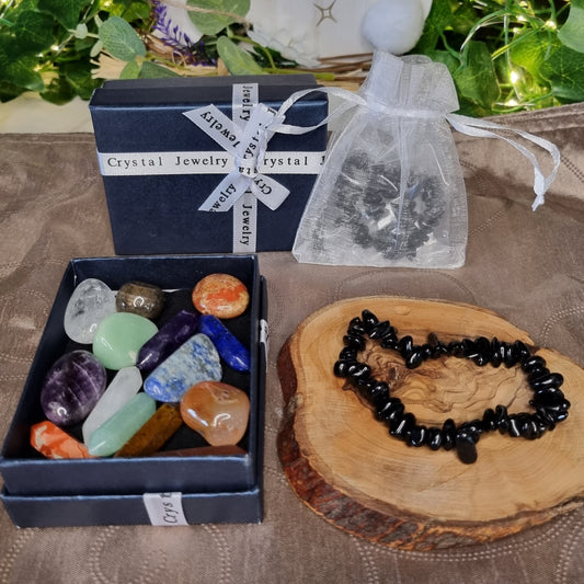 chakra, yoga, chem stone gift box with natural Indian agate bracelet, crystal gift set